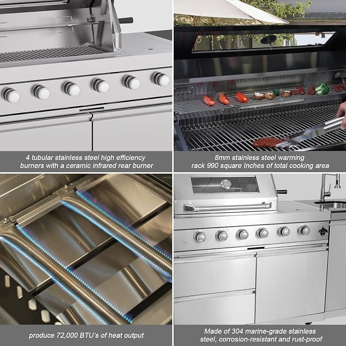 Outdoor Kitchen Island 98.4 Inch, 72000 BTU Gas Grill Combination With Refrigerator and Sink, Outdoor Stainless Steel Barbecue Bar, Natural Gas Barbecue Grill for Patios, Gardens, Parties