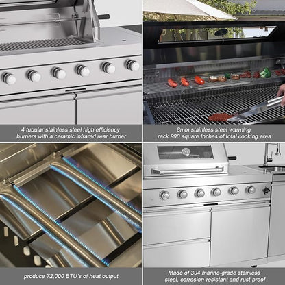 Outdoor Kitchen Island 98.4 Inch, 72000 BTU Gas Grill Combination With Refrigerator and Sink, Outdoor Stainless Steel Barbecue Bar, Natural Gas Barbecue Grill for Patios, Gardens, Parties