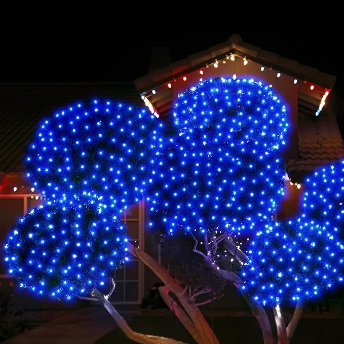 WBao Christmas Net Lights, 360LED 11.5ft x 6.9ft Christmas Lights with 8 Modes, Timer, End to End Connectable, Waterproof Design for Lawn, Bushes, Trees Outdoor Xmas Decorations, Blue