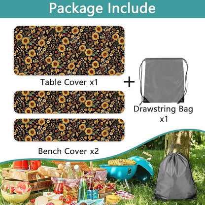 Picnic Table Cover with Bench Covers, Camping Essentials, Sunflower Flower Leaves Waterproof Windproof Patio Table Cover, Fitted Tablecloth Cover with Elastic Edge for Indoor Outdoor 3 PCS 30x96 Inch