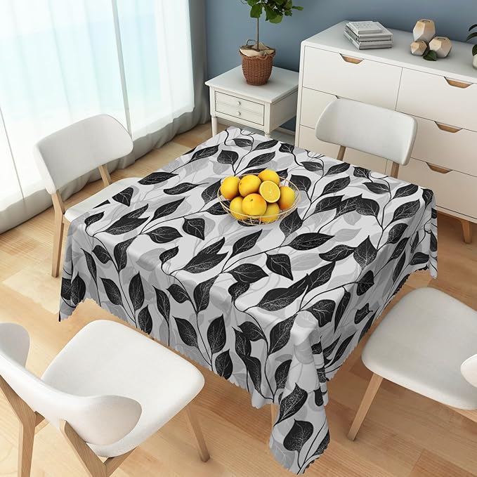 Black and White Leaves Tablecloth 60x60 Inch Square Floral Plants Farmhouse Table Cloth Kitchen Table Decorations for Home Dinner Party Waterproof Polyester Washable Tables Cover Oilproof