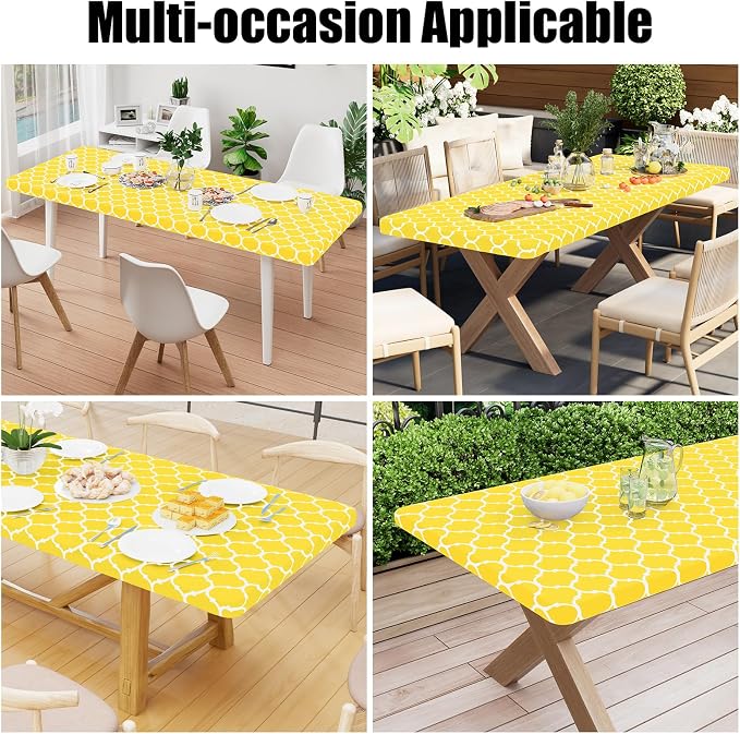 Smiry Picnic Fitted Table Cover, 8 Foot Flannel Backed Vinyl Tablecloth | Waterproof Elastic Stretch Table Cloth, Wipeable Plastic Tablecloth for Camping, Indoor & Outdoor (Yellow, 36" x 96")
