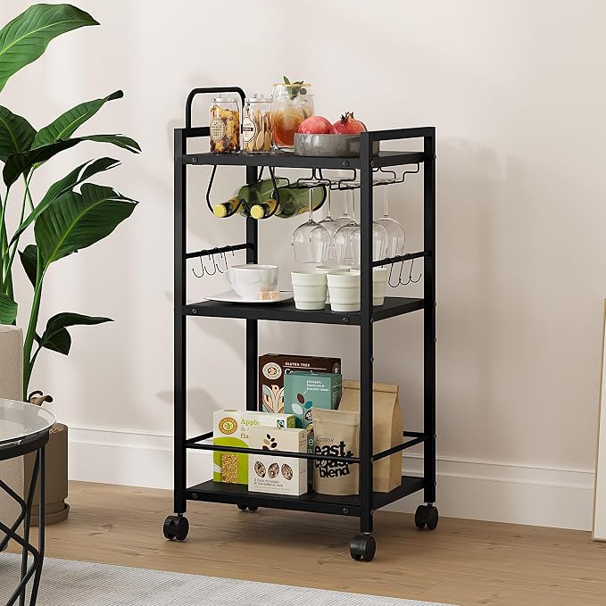 Bar Cart for The Home, 3 Tier Kitchen Carts with Wheels, Small Rolling Cart with Glass Holders, Wine Rack, Mini Bar Cart for Kitchen, Dining Room, Living Room, 13.0" D x 17.0" W x 33.8" H, Black