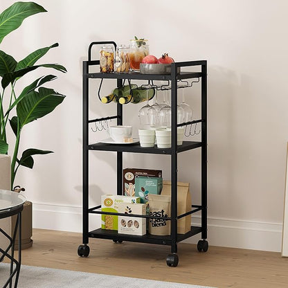 Bar Cart for The Home, 3 Tier Kitchen Carts with Wheels, Small Rolling Cart with Glass Holders, Wine Rack, Mini Bar Cart for Kitchen, Dining Room, Living Room, 13.0" D x 17.0" W x 33.8" H, Black