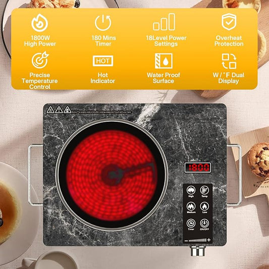 Alemania Single Burner Ceramic Cooktop, Portable 1800W Electric Stove, Countertop Burner for Cooking, Plug in Kitchen Hot Plate, Temperature Adjustable Compact Hob Camping Stoves