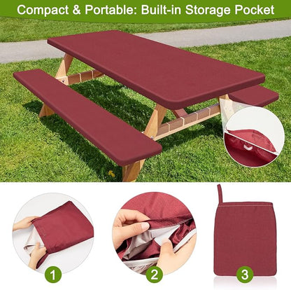 Picnic Table and Bench Cover Set, Waterproof Fitted Elastic Cloth | Portable Camping Essentials With Built-In Storage Pocket And Waterproof Fabric For Outdoor RV Or Picnic Table Use