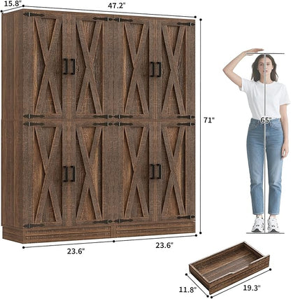 Unikito 71" Tall Kitchen Pantry Cabinet with Farmhouse Barn Doors and Storage Drawer, 8 Adjustable Shelves, Freestanding Cupboard for Dining Room, Living Room, Utility Room, Weathered Brown 2 Pack