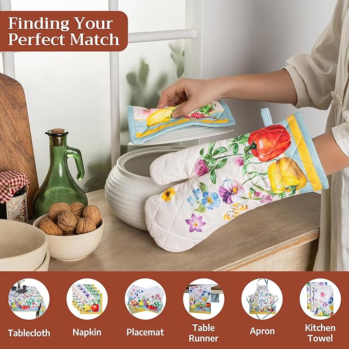 Maison d' Hermine Pot Holders 100% Cotton Heat Resistant Potholders 8" x 8" Hot Pads with Loop BBQ Cooking Baking Hotel Farmhouse Kitchen Handling Hot Pans Spring Summer (Pack of 2, Giverny)