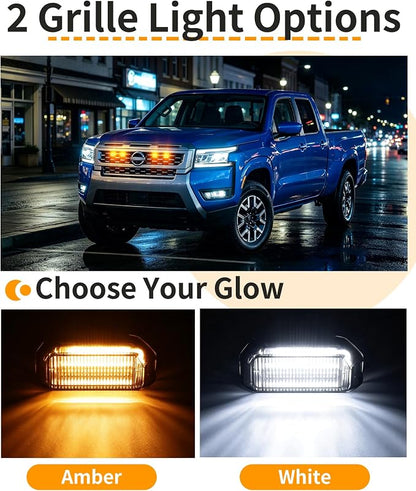 Front Grill Lights for Nissan Frontier 2025-2027 S/SL/SV/Sport Only, Amber | Direct-Snap Installation; OEM-Style Fit; IP68 Waterproof LED; No-Drill Setup; Raptor-Style Front-End Upgrade; Off-Road Ready