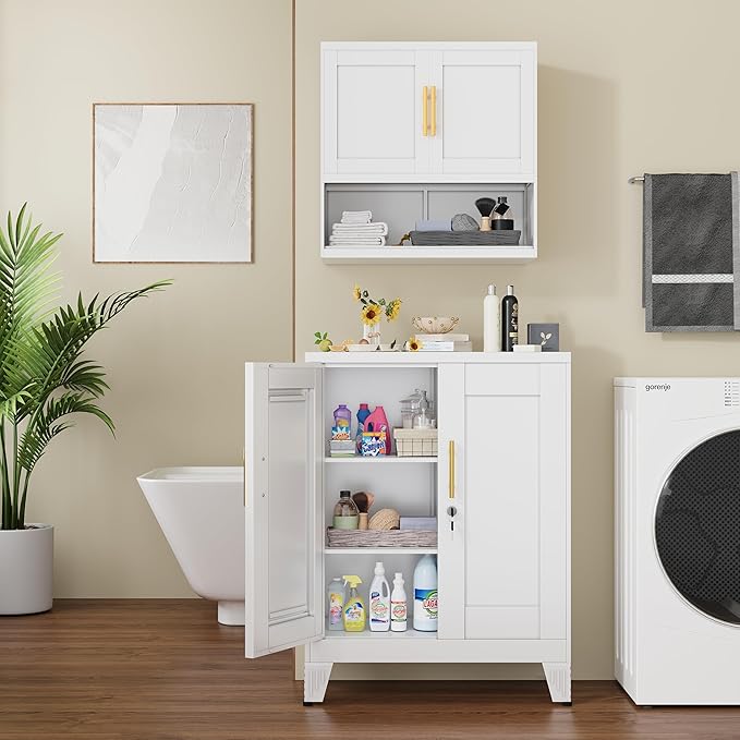 GAIOUS 36" Metal Floor Storage Cabinet, Locked Steel Storage Cabinets with 2 Doors and 2 Adjustable Shelves, White Kitchen Cabinet, Freestanding Cabinet for Home/Office/Garage/Tool Room/Bathroom