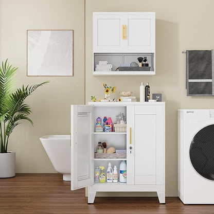 GAIOUS 36" Metal Floor Storage Cabinet, Locked Steel Storage Cabinets with 2 Doors and 2 Adjustable Shelves, White Kitchen Cabinet, Freestanding Cabinet for Home/Office/Garage/Tool Room/Bathroom