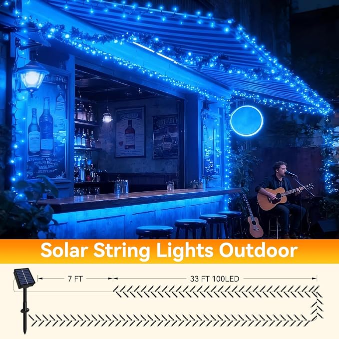 Solar String Lights Outdoor Waterproof 2 Pack Total 66ft 200LED Blue | 8 Modes Twinkle Lights Solar Fairy Lights for Patio, Garden Yard Party Wedding Tree Christmas Halloween Decoration