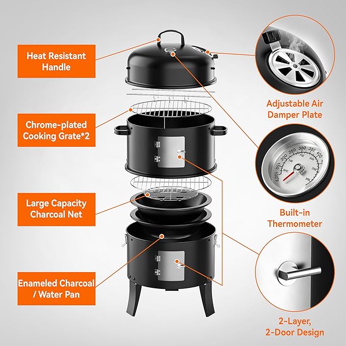 KEYO GRILL 18 Inch Vertical Charcoal Smoker, 3-in-1 Heavy Duty Outdoor BBQ Grill with Thermometer, Portable Camping Barbecue Grill for Garden Patio Beach Backyard