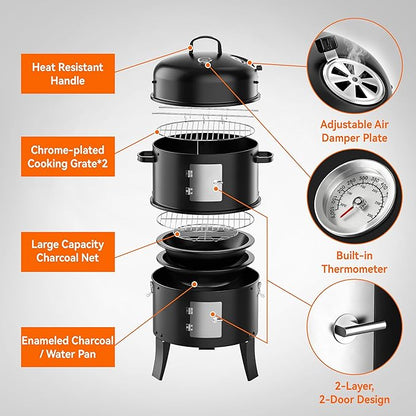 KEYO GRILL 18 Inch Vertical Charcoal Smoker, 3-in-1 Heavy Duty Outdoor BBQ Grill with Thermometer, Portable Camping Barbecue Grill for Garden Patio Beach Backyard