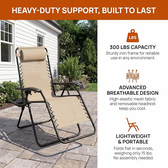 Adjustable Folding Lounge Chair, Portable Camping Chair for Adults with Headrest, Reclining Outdoor Chair with RemovableTray, Foldable Low Beach Chair for Camping, Picnic, Travel, Khaki
