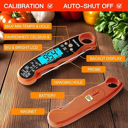 KULUNER Digital Meat Thermometer Instant Read, Orange Waterproof Food Thermometer with 4.6" Folding Probe, Backlight & Calibration, 2-3s Fast Reading for Kitchen BBQ Grilling Cooking - Orange