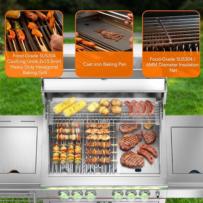 Electactic Heavy-duty Propane Gas Grill, SUS304 Stainless Steel 6-Burner BBQ Grill with 4 Main Burners, 1 Infrared Rear Burner, 1 Side Burner and LED Lights, High Performance Outdoor Grilling
