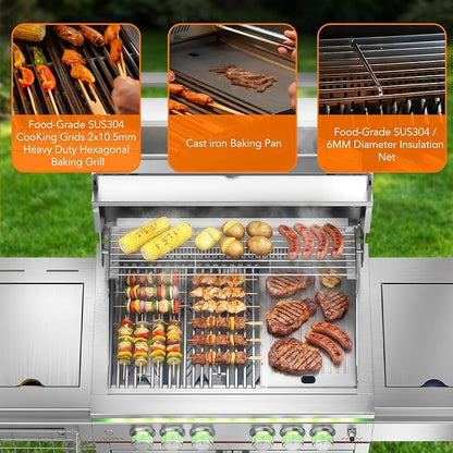 Electactic Heavy-duty Propane Gas Grill, SUS304 Stainless Steel 6-Burner BBQ Grill with 4 Main Burners, 1 Infrared Rear Burner, 1 Side Burner and LED Lights, High Performance Outdoor Grilling