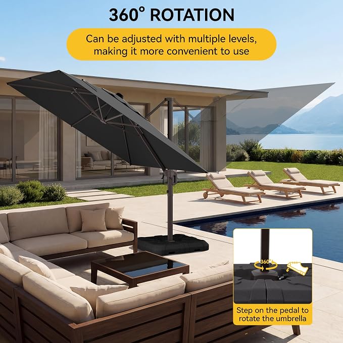 10x10FT Cantilever Outdoor Umbrella, 360° Rotating Large Offset Square Patio Umbrella, Ideal for Garden Backyard Deck Courtyard, Black
