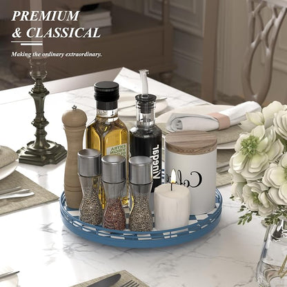 Blue and White Checkerboard Lazy Susan with Rubberwood Base and Metal Rail | Smooth rotating oak tray with walnut finish for dining tables, kitchen counters, pantries and cabinet storage.