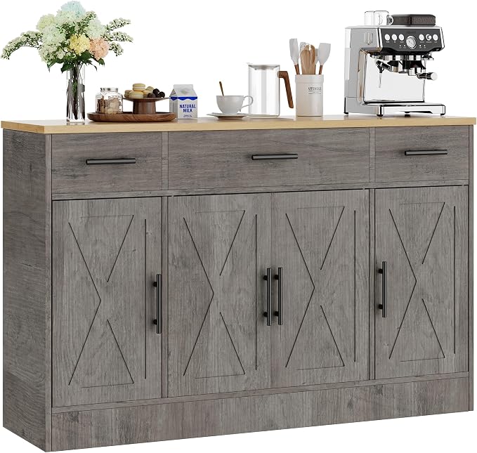 Shintenchi Buffet Cabinet with Storage,53.4" Large Kitchen Storage Cabinet with 3 Drawers and 4 Doors,Wood Farmhouse Buffet Sideboard with Adjustable Shelf for Kitchen Living Room, Gray