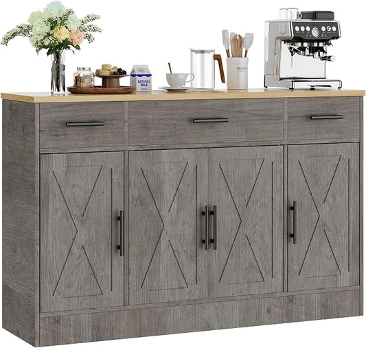 Shintenchi Buffet Cabinet with Storage,53.4" Large Kitchen Storage Cabinet with 3 Drawers and 4 Doors,Wood Farmhouse Buffet Sideboard with Adjustable Shelf for Kitchen Living Room, Gray