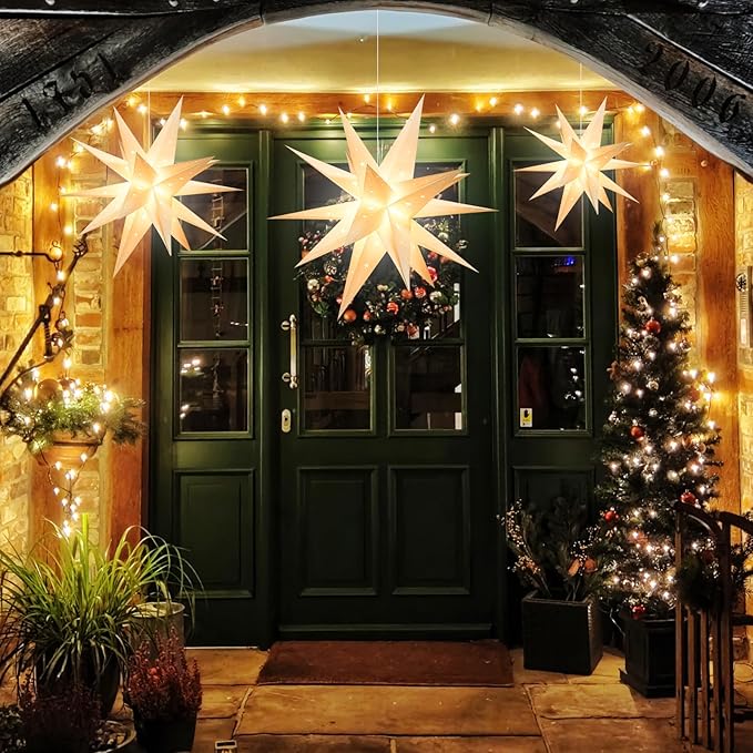 18" Plug-in Moravian Star Outdoor Light with Timer, Warm White 3D PVC Christmas Star IP44 Waterproof Hanging Decoration for Porch, Garden, Wedding, Indoor Holiday Display