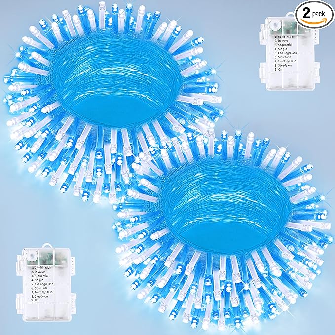 2 Pack String Lights Battery Operated with Timer, 66FT 200 LED Waterproof Battery Twinkle Lights, 8 Modes Fairy Light for Indoor & Outdoor Party Bedroom Porch Tree Christmas Decorations (Blue & White)
