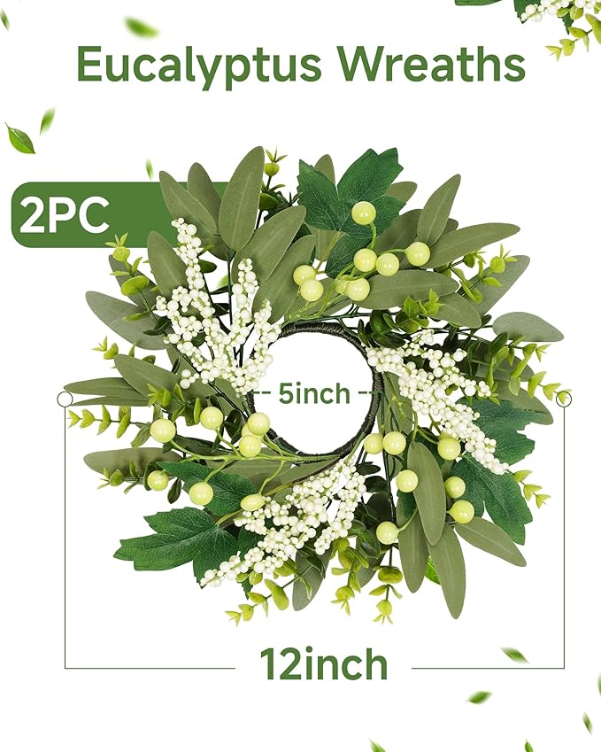 Vlorart 2 Pcs 12inch Eucalyptus Wreaths, Artificial Farmhouse Green Wreath with Boxwood Leaves and Mixed Berries, Mini Wreaths for Front Door, Wall, Window, Cabinet, Wedding, Indoor Outdoor All Season