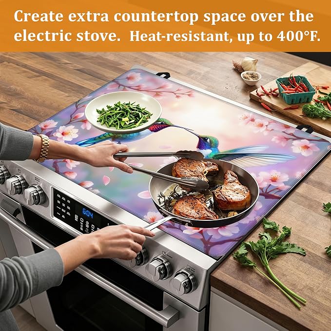 Spring Hummingbird Glass Top Stove Cover Protector,Pink Peach Flower Stove Top Covers for Electric Stove,Washable Heat Resistant Cooktop Mat Anti-Slip Range Covers, 28 x 20 Inch