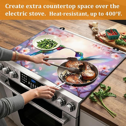 Spring Hummingbird Glass Top Stove Cover Protector,Pink Peach Flower Stove Top Covers for Electric Stove,Washable Heat Resistant Cooktop Mat Anti-Slip Range Covers, 28 x 20 Inch