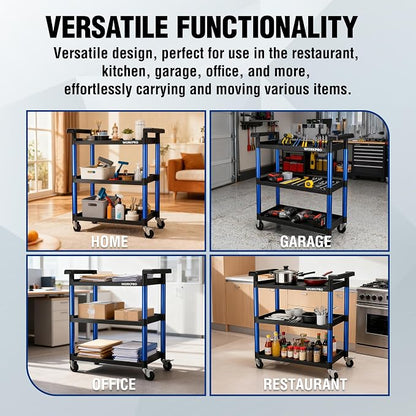WORKPRO 3-Tier Service Utility Cart, 400LBS Plastic Rolling Cart with Handles & Lockable Wheels, Heavy Duty Storage Cart for Restaurant, Kitchen, Office, Garage, Warehouse