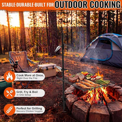 22" x 15" Fire Pit Campfire Grill Grate Campfire Grill Portable Open Fire Cooking Heavy-duty Swing Camping Cooking Barbecue Rack Easy Setup & Adjustable Height for Outdoor BBQ