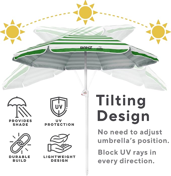 BANZ Cabana Beach Umbrella UPF 50 - UV Protection Foil-Lined Portable | UPF 50+ UV protection, Quick-dry fabric, Comfortable stretch fit
