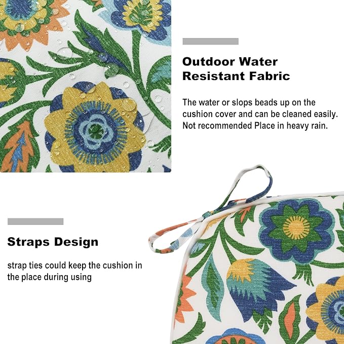 DYTXIII Set of 2 Outdoor Chair Cushions with Ties, Water Repellent Patio Chair Pads 17"x 16" for Outdoor Furniture, Round Corner Seat Cushions for Garden Yard Kitchen Fiesta Floral
