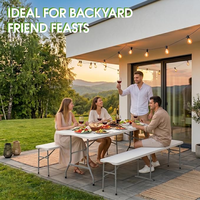 Folding Table Picnic Table Set with 2 Benches, 6 ft Camping Table Chair Set | Foldable Furniture with Handle and Safety Locks, Heavy Duty HDPE, Outdoor Indoor Use, Party, Camping, Picnic, Weddings, White