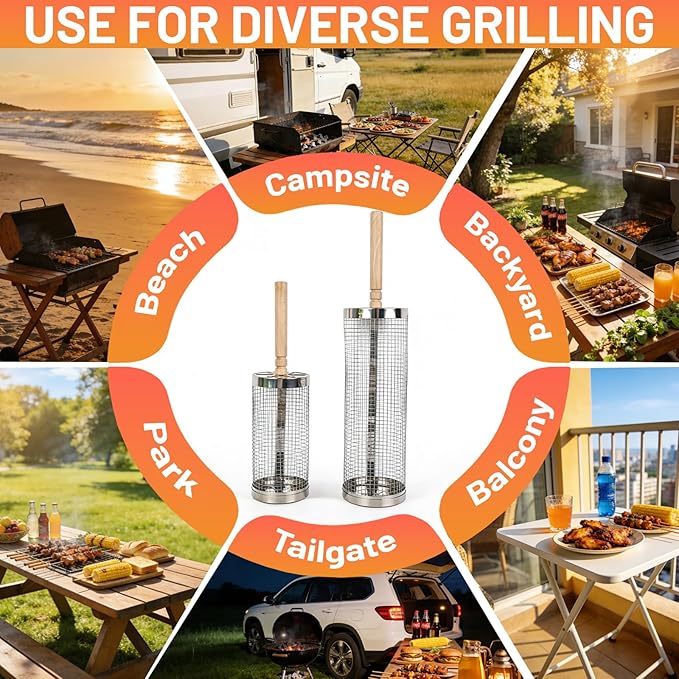 Rolling Grill Basket 2-Pack, Upgraded Rotating BBQ Basket for Outdoor Grill, Larger Capacity 304 Stainless Steel, Easy Clean with Cleaning Brush, Quick Grilling for Veggies, BBQ Accessories