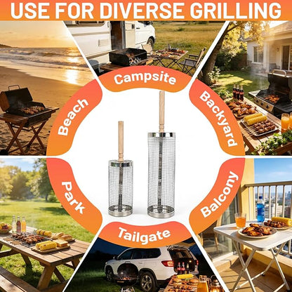 Rolling Grill Basket 2-Pack, Upgraded Rotating BBQ Basket for Outdoor Grill, Larger Capacity 304 Stainless Steel, Easy Clean with Cleaning Brush, Quick Grilling for Veggies, BBQ Accessories