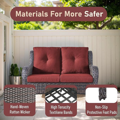 Outdoor Loveseat Sofa-2 Seater Rattan Wicker Patio Couch High Back Patio Sofa for Porch Deck Backyard-Brown/Red