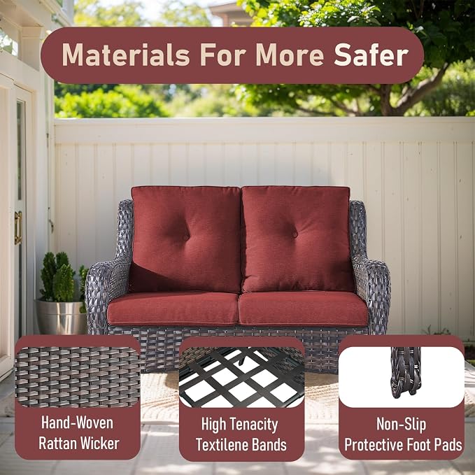 Outdoor Loveseat Sofa - 3 Piece Patio Furniture with Ottoman Deep Seating Patio Couch for Porch Deck Garden Backyard - Brown/Red