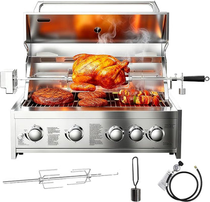 BODEGA 30 Inch 5-Burner Propane Gas Grill with Rotisserie Chicken Fork Kit, 58000-BTU Outdoor Gas Grill for Kitchen, LPG/NG Convertible, Backyard BBQ Grill with Temperature & Rear Infrared Burner.