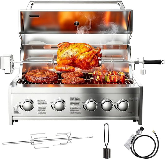 BODEGA 5 Burner Built In Gas Grill Island Head, Stainless Steel 30 Inch Propane Grill with Rear Burner, 58000 BTUs, 988.5 SQ In Racks, Dual Fuel Compatibility, Gas Grill Outdoor Cooking, BBQ Fork Kit.