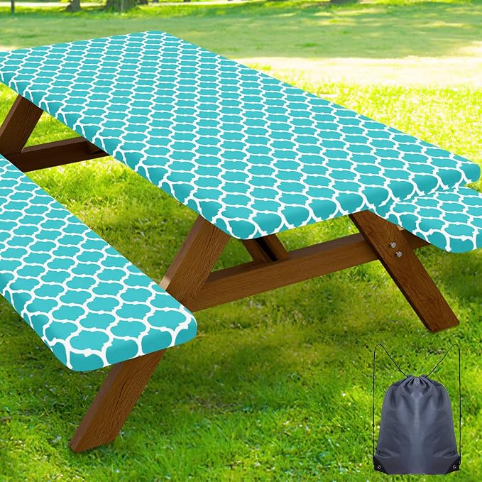 Smiry Picnic Table Cover with Bench Covers, Waterproof Elastic Fitted Tablecloth for 6 Foot Tables, Washable Polyester Tablecloths for Camping, Indoor & Outdoor (Teal, 30x72 Inch 3-pc Set)