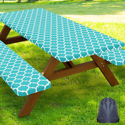 Smiry Picnic Table Cover with Bench Covers, Waterproof Elastic Fitted Tablecloth for 8 Foot Tables, Washable Polyester Tablecloths for Camping, Indoor & Outdoor (Teal, 30x96 Inch 3-pc Set)