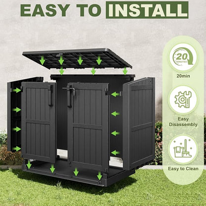 36 Cu Ft Horizontal Resin Storage Shed, Weatherproof Outdoor Storage Cabinet with Dual Lock Door, Fits Small Trash Cans, Generators, & Garden Tools, Matte Black