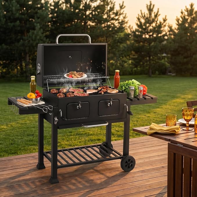 Extra Large Charcoal Grill, Outdoor BBQ Grill with Dual Adjustable Charcoal Doors, Foldable Side Tables for Backyard, Camping, and Picnic Cooking, Black