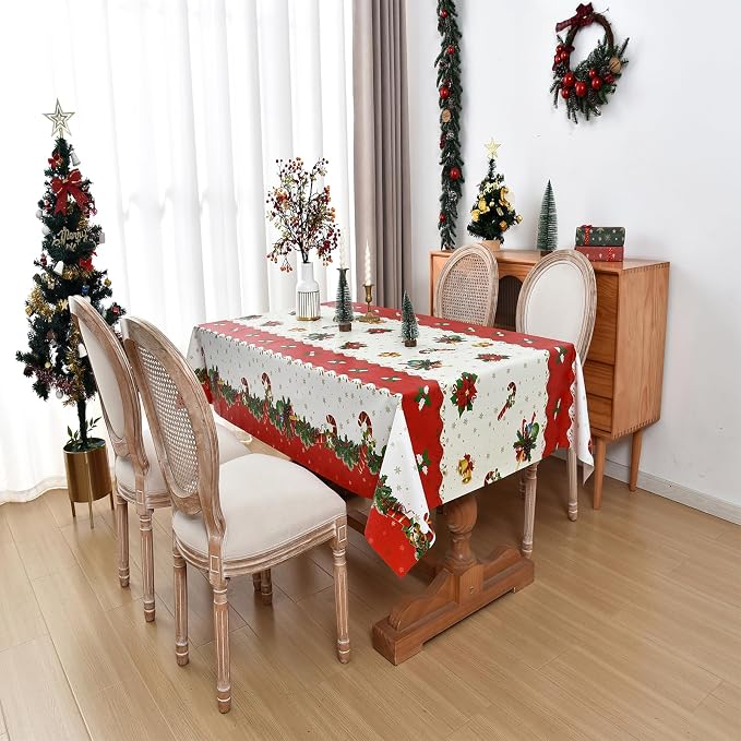 Christmas Tablecloth Heavy Duty Vinyl Red 54x78 inch Square Christmas Table Cloth Reusable Waterproof Foldable Plastic Tablecloths PVC Xmas Table Cover for New Year Party Decor