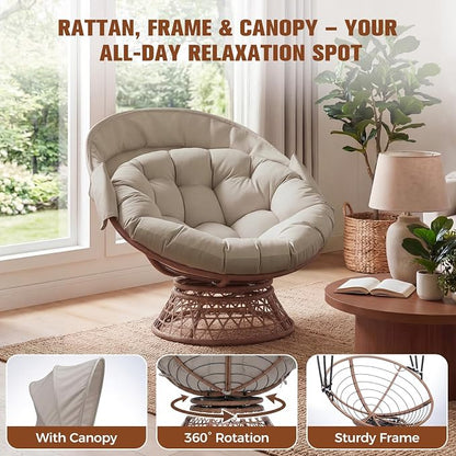GTPLAYER Outdoor Wicker Egg Chair PE Rattan Chair with Cushion, Oversized Patio Lounge Chair with Canopy Papasan Chair 360° Swivel Base for Outdoor, Indoor, Balcony, Backyard, Garden, Brown