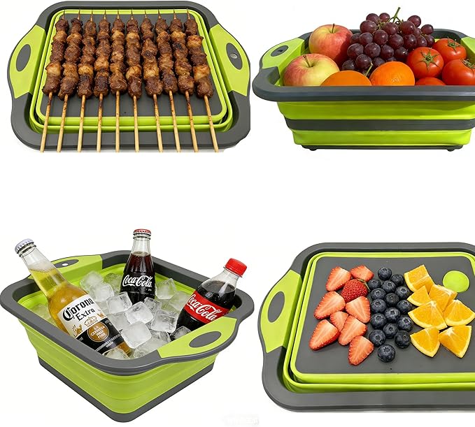3-in-1 Folding Cutting Boards, Collapsible BBQ Prep Tub with Lid, 9L Container with Strainer, PP+TPR Material Cutting Board, Chopping Board Folds to 1.5Inch Slim for RV, Camping & Small Kitchen