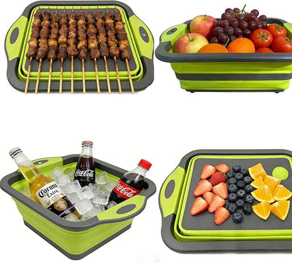 3-in-1 Folding Cutting Boards, Collapsible BBQ Prep Tub with Lid, 9L Container with Strainer, PP+TPR Material Cutting Board, Chopping Board Folds to 1.5Inch Slim for RV, Camping & Small Kitchen